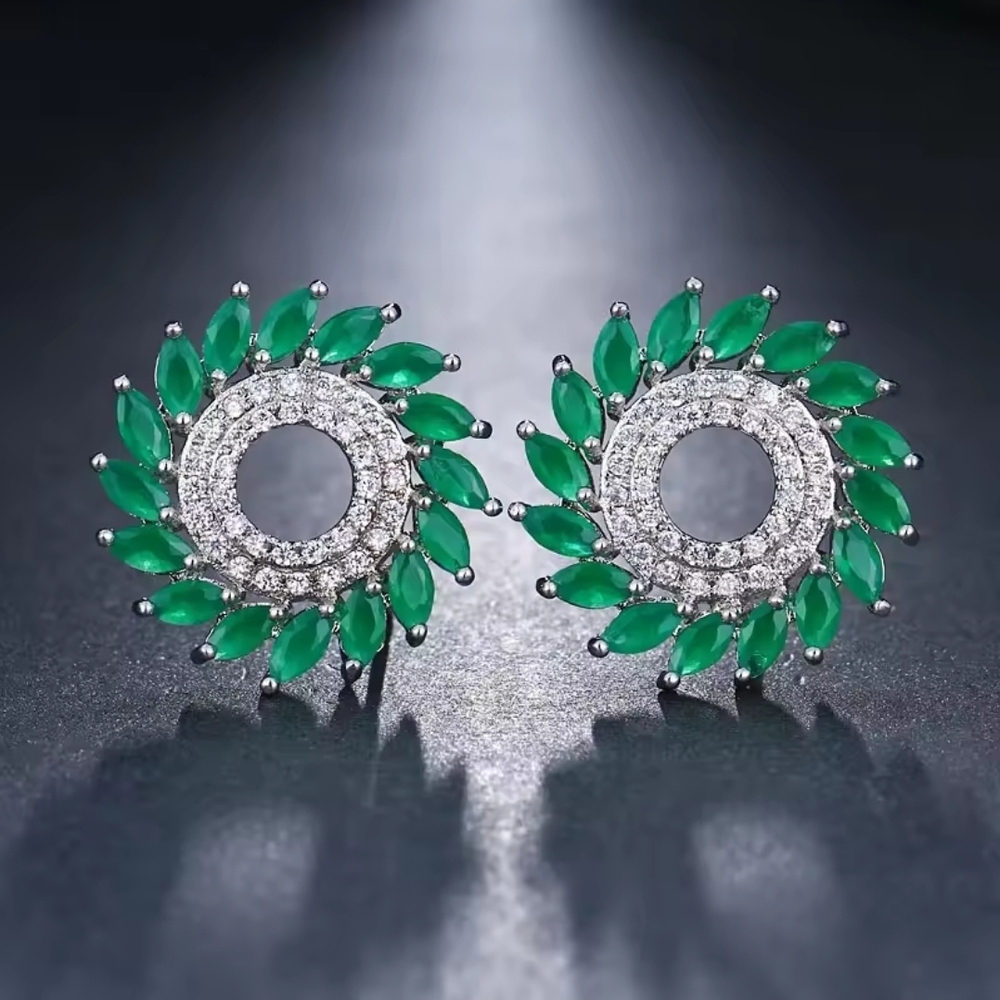 Elegant Green and Silver Cubic Zirconia Stud Earrings